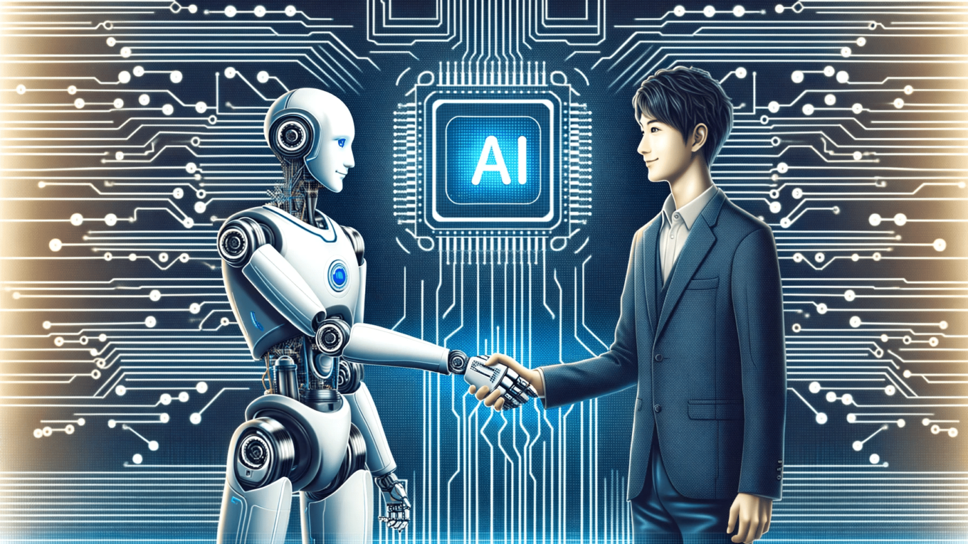 DALL·E 2023-11-22 14.11.44 - An illustration of a Japanese man shaking hands with a humanoid robot, symbolizing partnership and cooperation between humans and artificial intellige